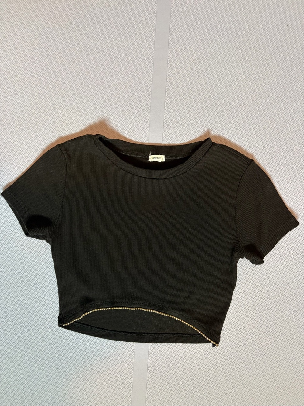Garage Black Cropped Ribbed Tee with Silver Chain Trim